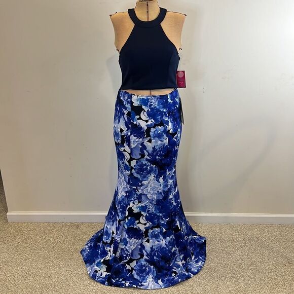 NWT My Michelle 2-Piece Halter Mermaid Blue Floral Formal Prom Dress - Size 11 - Picture 13 of 16